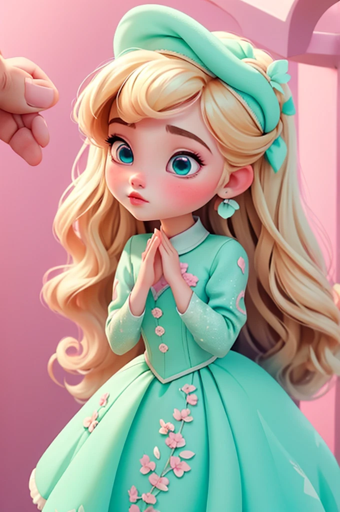 imagem de alta qualidade de uma boneca chibi Ariana Grande: boneca chibi ,illustration,detalhes delicados,Pose encantadora,lovely expression,cores suaves,roupa bonita,cabelos intrincados,beautiful eyes and lips,melhor qualidade,ultra-detalhado,fotorrealista,vivid colors, solid background, profesional lighting, girly accessories, espressiva, headband flowers, blue eyes, ombre hair, long hair, basket of flowers in hands, lovely pose, black eyes, wearing a fairy outfit pastel colors glitter, mint green, pink, and soft purple, exuberant, perfect, centered in the photo with a white background, nitid, fairy vibes, standing, pink flat shoes, vibrant, white background, blonde hair, blonde hair, hair blonde
