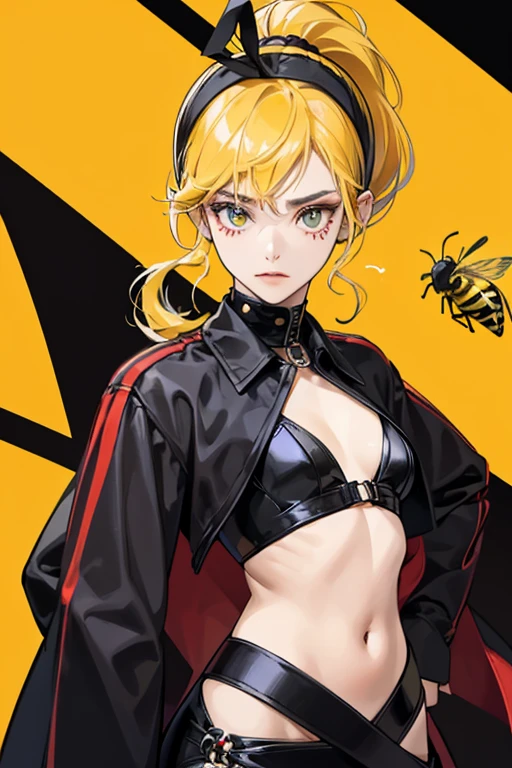 She wore a suit that possessed traits from both the Ladybug and Bee Miraculouses. Most of her suit was red with black spots that had a yellow outline and a black line at the front of her body. The area of the hips, the upper arm, half of the forearm, and the collar were black with yellow stripes at the edges. The upper half of her mask was red with black spots with a yellow outline and the lower half is yellow and black. She wore her hair back in a ponytail which was curled to resemble a bee's stinger at the ends, tied with a black hairband, with two black antennae-like ribbons sticking out from the hairband, and a streak of yellow hair curled into the end of her ponytail, along with a small streak of red. She wore both the yo-yo and the spinning top around the hips when not using them. SPARKLE; GLITTER