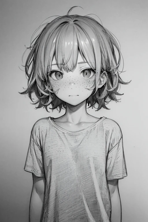 (pencil_sketch:1.2, messy lines, shades of gray, traditional media, sketch),
1 naked girl  with freckles in a T-shirt, One, short shaggy blonde hair, simple background, upper body, looking up