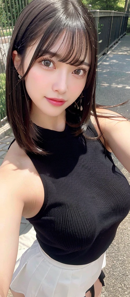 (realistic, high resolution:1.3), (face close up), 1 girl with perfect figure, super fine face and eyes, black hair,medium hair, tank top: 1.2 in random colors, short、skirt, bridge, big breasts, cleavage, choker, smile、selfie