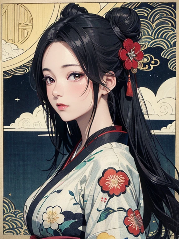 (masterpiece, Highest quality,High resolution, Official Art), (One girl), (Fractal Art:1.1),Bright and vivid color patterns in Japanese clothing、Black hair in a round bun,Traditional Japanese patterned fabric, (Dynamic pose),(Shiny skin), (Many colors:1.4), ( Ukiyo-e background,moon,flower,cloud )