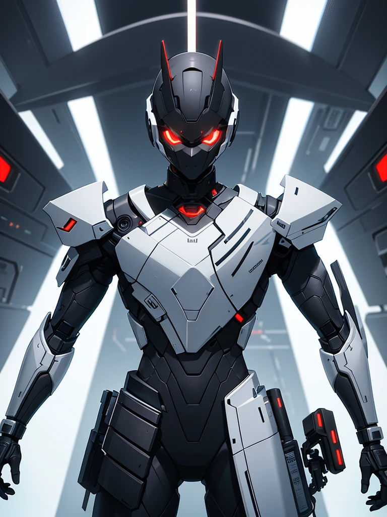 Portrait of a young cyborg black man, with dark skin and short, well-groomed black hair. his eyes are red and glowing, with a robotic and intense appearance. He is wearing futuristic black armor with red LED accents that glow brightly., standing out in its lines and edges. The armor is sleek and well-fitting, with a design that mixes advanced technology and modern style. He is inside a futuristic spaceship, with high-tech control panels, holographic screens and soft background lighting, creating a sophisticated and immersive sci-fi atmosphere.