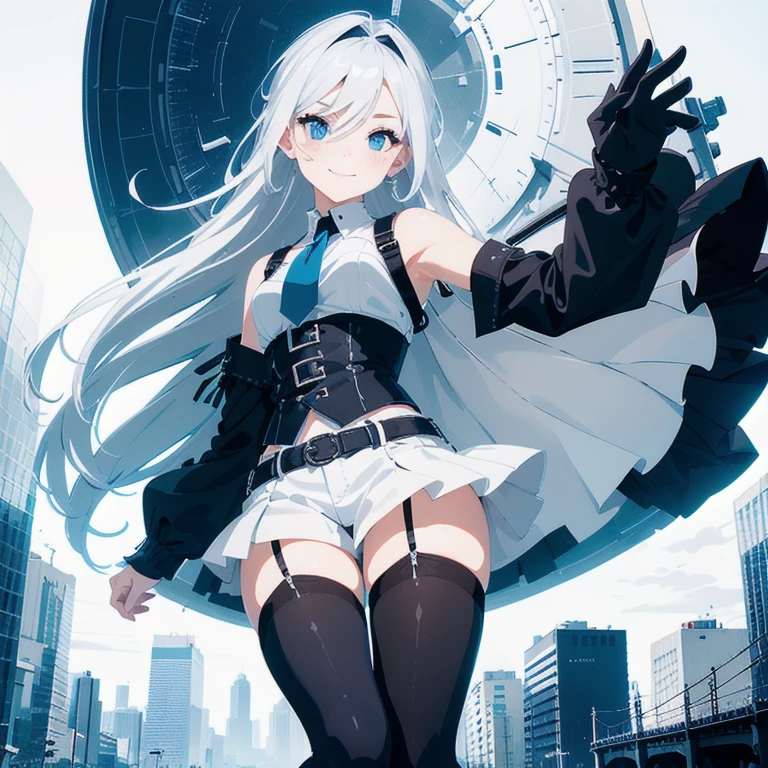 1 girl, (Masterpiece, Best quality, ultra high resolution), Silver hair, Pale skin, Beautiful detailed face, Detailed eyes, posing on a, On a white background, Dynamic lighting, dynamic shadowing, looking at viewer, White stone punk fashion, (Posing for a photo), ((White clothes with blue details)), (((black thigh highs))), ((jean shorts, skirt)), white sweater, ((Blue eyes)), happy, smiling, black straps, black strap design, ((Long white hair)), energetic, cheerful, cityscape background, blue highlights, blue tertiary color