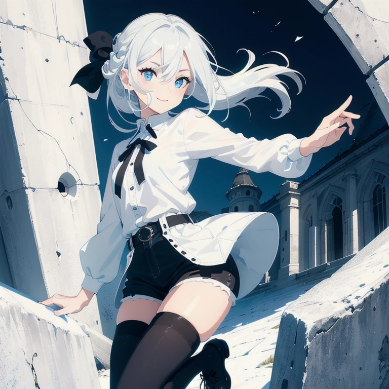 1 girl, (Masterpiece, Best quality, ultra high resolution), Silver hair, Pale skin, Beautiful detailed face, Detailed eyes, posing on a, On a white background, Dynamic lighting, dynamic shadowing, looking at viewer, White stone punk fashion, (Posing for a photo), ((White clothes with blue details)), (((black thigh highs))), ((jean shorts, skirt)), white sweater, ((Blue eyes)), happy, smiling, black straps, black strap design, ((Long white hair)), energetic, cheerful, cityscape background, blue highlights, blue tertiary color