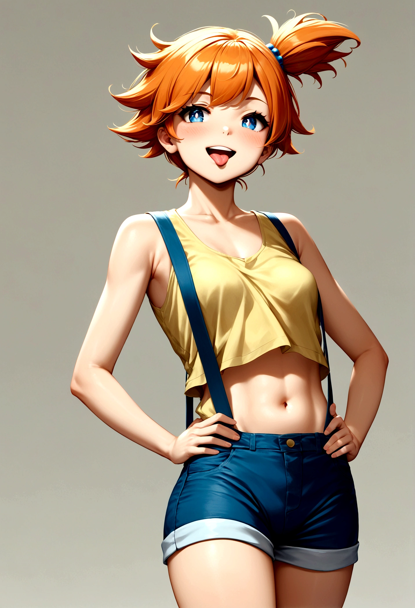 score_9, score_8_up, score_7_up, score_6_up, score_5_up, zPDXL2, max detail, 4k wallpaper, masterpiece, best quality, absurdres, highres, source_anime, PokemonStyle, pokemon \(anime\),flat color, 1girl, solo, misty (pokemon), open mouth, orange hair, blue eyes, mediumshot, suspenders, side ponytail, breasts, teeth, blush, outline, shirt, short hair, yellow shirt,navel,shorts,white background, simple background, sleeveless, bangs,happy,  upper teeth only, bright pupils, bare shoulders, sleeveless shirt,one closed eye, tongue,hands on hips.from side,