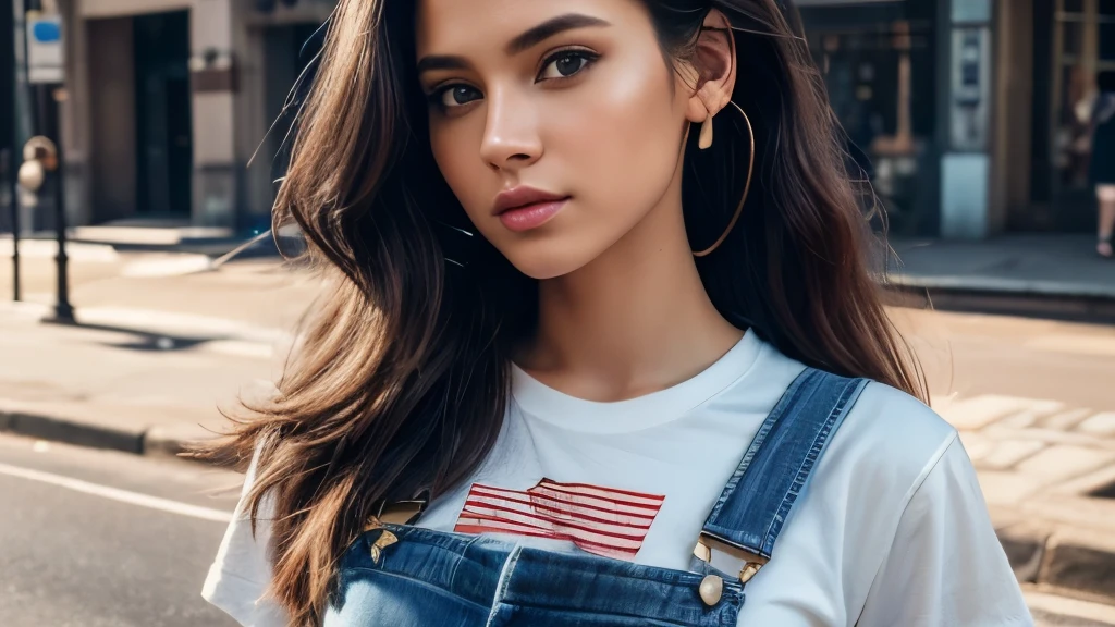 a photo by pho3b3cat3s, beautiful woman, ((24 years old)), street, T-shirt, denim overalls, 1980s, Retro, long wavy dark hair ponytail, (Masterpiece), (Extremely detailed CG unity 8k wallpaper), intricate, ((photorealistic)),
