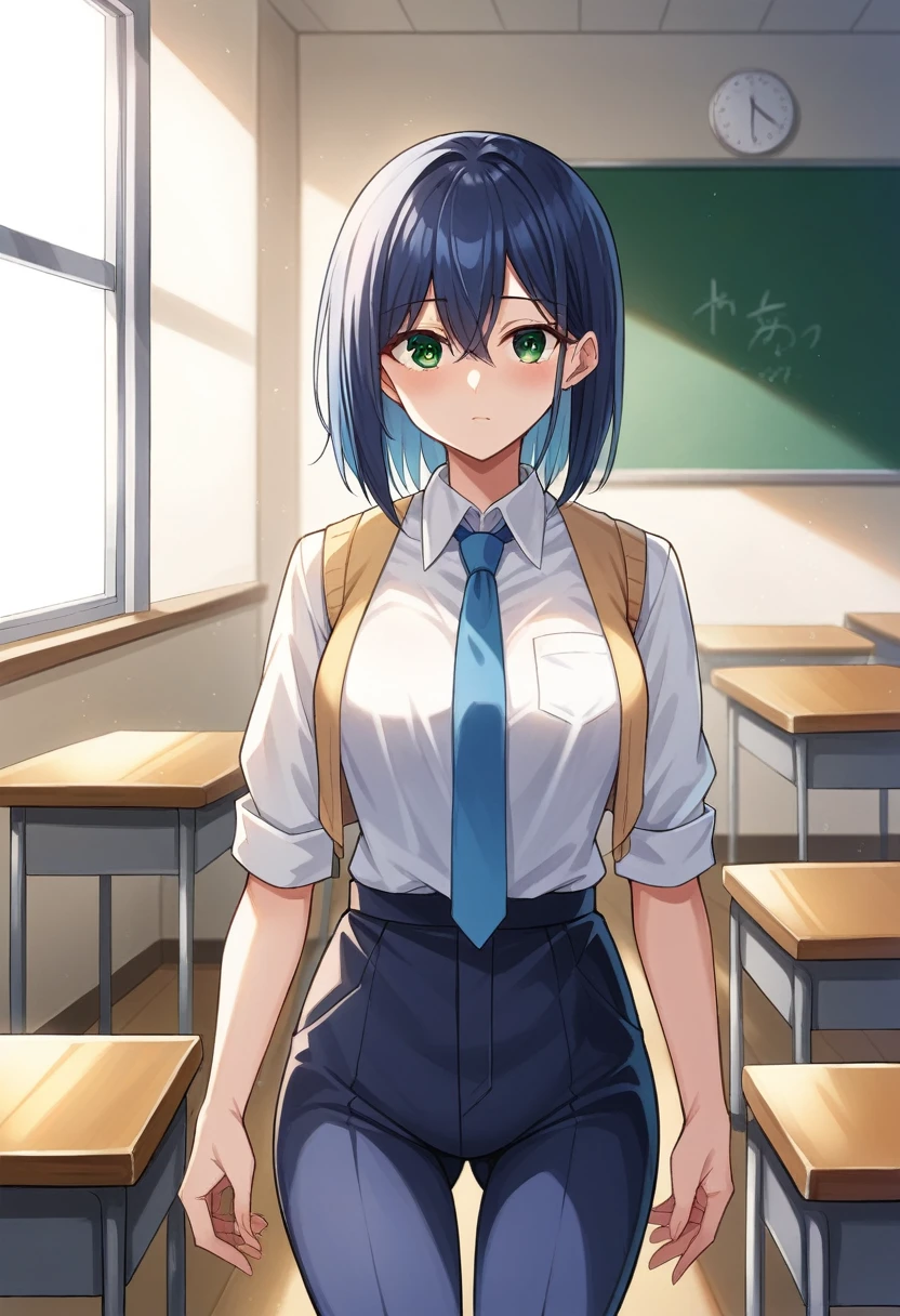 akanekurokawa, akane kurokawa, bangs, (green eyes:1.3), blue hair, medium hair, dark blue hair,
BREAK shirt, , white shirt, necktie, collared shirt, vest, blue necktie,
BREAK indoors, classroom,
BREAK looking at viewer, (cowboy shot:1.5),
BREAK (masterpiece:1.2), best quality, high resolution, unity 8k wallpaper, (illustration:0.8), (beautiful detailed eyes:1.6), extremely detailed face, perfect lighting, extremely detailed CG, (perfect hands, perfect anatomy),