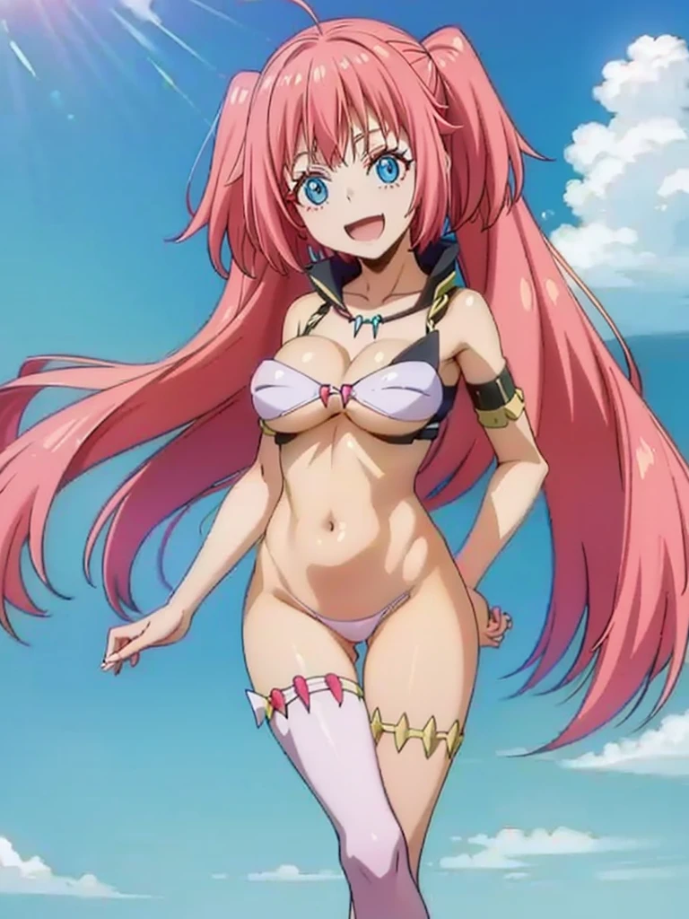 1girl, solo, beautiful girl, brunette skin, blue eyes, big eyes, detailed eyes, long eyelashes, pink hair, long hair, sidelocks, twintails, head tilt, fang, medium breasts, white bikini, string bikini, asymmetrical legwear, pink legwear, pink thighhigh, no pants, smile, looking at viewer, narrow waist, perfect hands, perfect anatomy, cleavage, midriff, navel, bare shoulders, bare arms, outdoors, flying, floating, blue sky, clouds, ultra detailed eyes, anime style, knees together, legs up, smile, open mouth, underboobs, simple background, purple background,