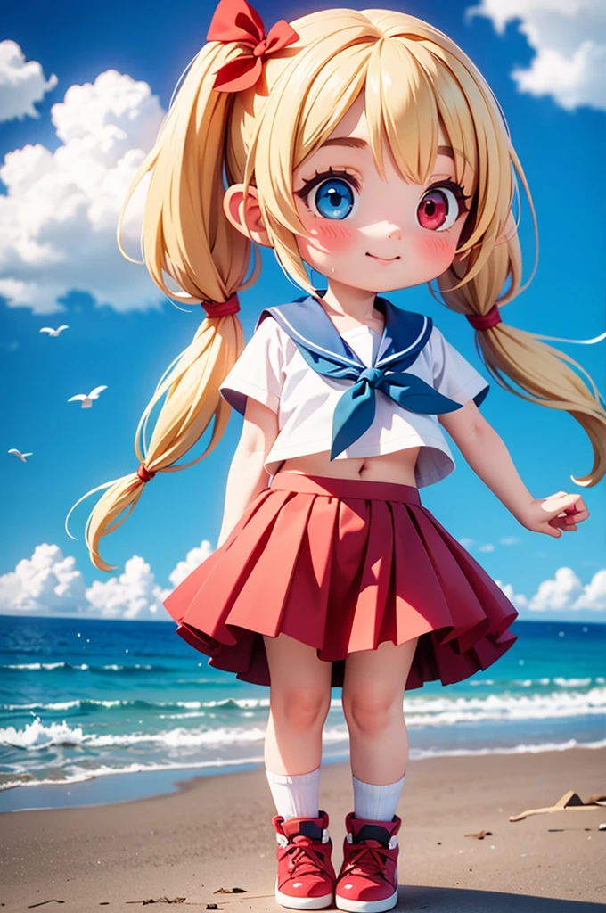 1girl,bangs,beach,bird,black legwear,(heterochromia:1.4),(red eyes:1.4),(blue eyes:1.4),(very long blonde hair:1.4),cat ears clouds,blue sailor collar,blue skirt,blue sky,blush,(red bow:1.2),closed mouth,cloud,cloudy sky,condensation trail,day,eyebrows visible through hair,floating hair,hair bow,horizon,island,lake,lighthouse,looking at viewer,midriff,mountain,navel,neckerchief,ocean,outdoors,pantyhose,partially underwater shot,pleated skirt,red neckerchief,sailor collar,school uniform,seagull,shirt,shore,short sleeves,blonde hair,skirt,sky,smile,solo,standing,standing on liquid,sunlight,twintails,wading,water,waves,wet,white shirt,wind,strong wind blows,