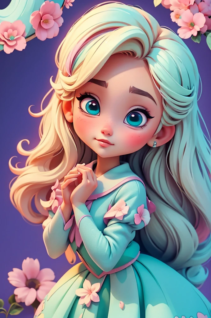 imagem de alta qualidade de uma boneca chibi Ariana Grande: boneca chibi ,illustration,detalhes delicados,Pose encantadora,lovely expression,cores suaves,roupa bonita,cabelos intrincados,beautiful eyes and lips,melhor qualidade,ultra-detalhado,fotorrealista,vivid colors, solid background, profesional lighting, girly accessories, espressiva, headband flowers, blue eyes, ombre hair, long hair, basket of flowers in hands, lovely pose, black eyes, wearing a fairy outfit pastel colors glitter, mint green, pink, and soft purple, exuberant, perfect, centered in the photo with a white background, nitid, fairy vibes, standing, pink flat shoes, vibrant, white background, blonde hair, blonde hair, hair blonde
