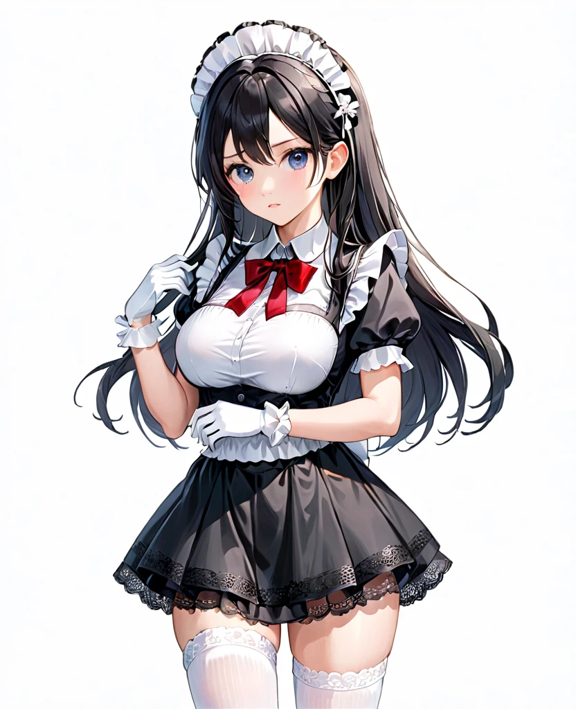 (1girl), (full body:1.25), (white background:1.3), ((standing)), solo, looking at viewer, tachi-e, (maid), cropped top, (own hands clasped), navel, midriff, headdress, white apron, white frill, white gloves, (elbow gloves), opera gloves, white knee socks, white stocking, thigh high socks, boutie, loafer, lace trim, lace, (miniskirt:1.15), (black skirt), black puffy short sleeve, slim waist, (large breasts), 18 years old, teenager, (long hair), black hair, straight hair, (thin thigh), skinny, detailed eyes, sharp face, attractive, kindness, ornate, gorgeous, luxurious