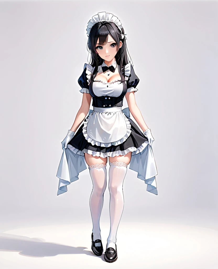 (1girl), (full body:1.25), (white background:1.3), ((standing)), solo, looking at viewer, tachi-e, (maid), cropped top, (own hands clasped), navel, midriff, headdress, white apron, white frill, white gloves, (elbow gloves), opera gloves, white knee socks, white stocking, thigh high socks, boutie, loafer, lace trim, lace, (miniskirt:1.15), (black skirt), black puffy short sleeve, slim waist, (large breasts), 18 years old, teenager, (long hair), black hair, straight hair, (thin thigh), skinny, detailed eyes, sharp face, attractive, kindness, ornate, gorgeous, luxurious