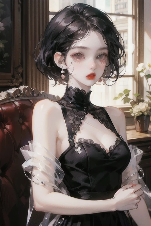 1girl, Single, Goth dress, Black hair, red lips, Close-up, Looking at the viewer, Tafah, Best quality, Top quality, Very detailed, Professional illustration, Animation, Official art, Beautiful and aesthetic, Detailed background, He hires