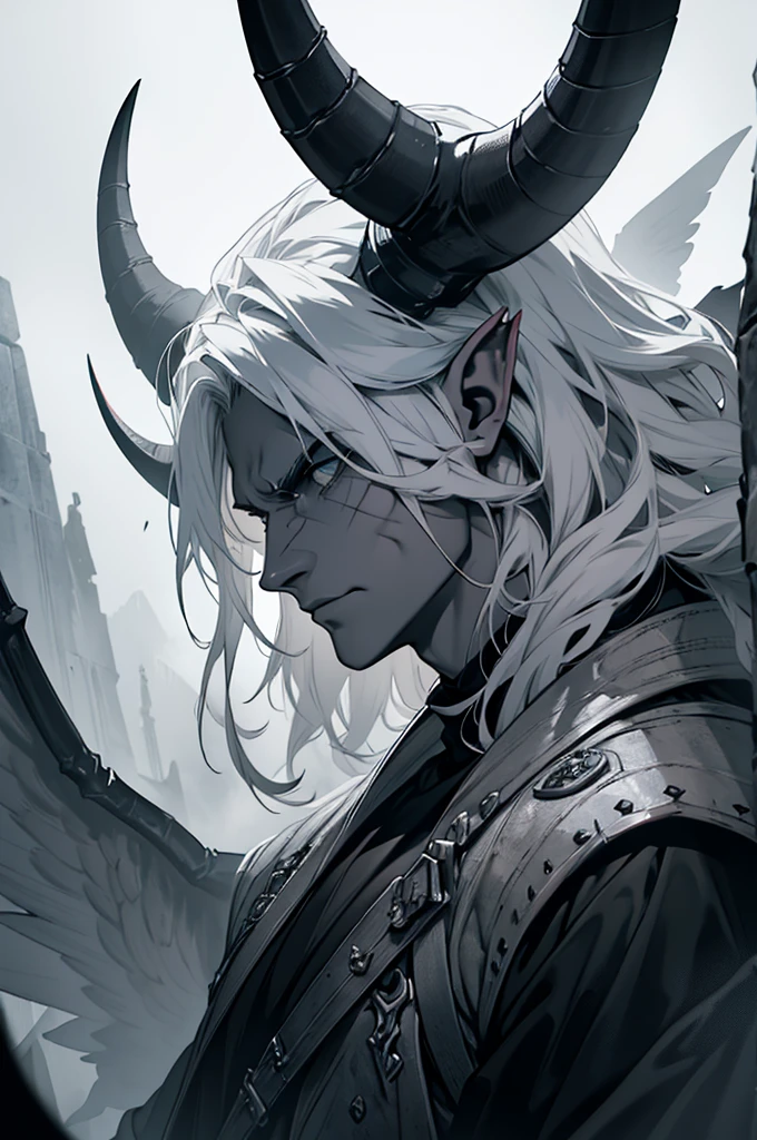 a pale white angry male demon monster with big horns, wings and a great axe, rock skin, detailed face, demonic expression, hyperrealistic, dark fantasy, dramatic lighting, cinematic composition, muted color palette, moody atmosphere