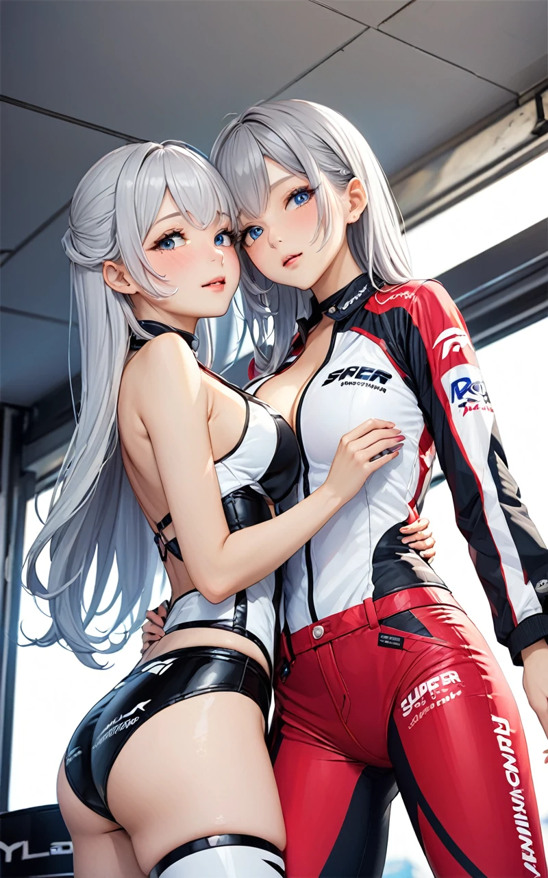 Highest quality、super high quality、16K, Breast size is random、Facial expressions are random、Location is random、 Hair color is silver hair、The pose is kissing、The distance is random、Angle from below、Small face、Very delicate facial expressions、Delicate eye depiction、Highly detailed hair、Erotic、18-year-old female、Glowing Skin、Soft Skin、The only sexy Japanese woman、Race queen outfit random、Two female models、