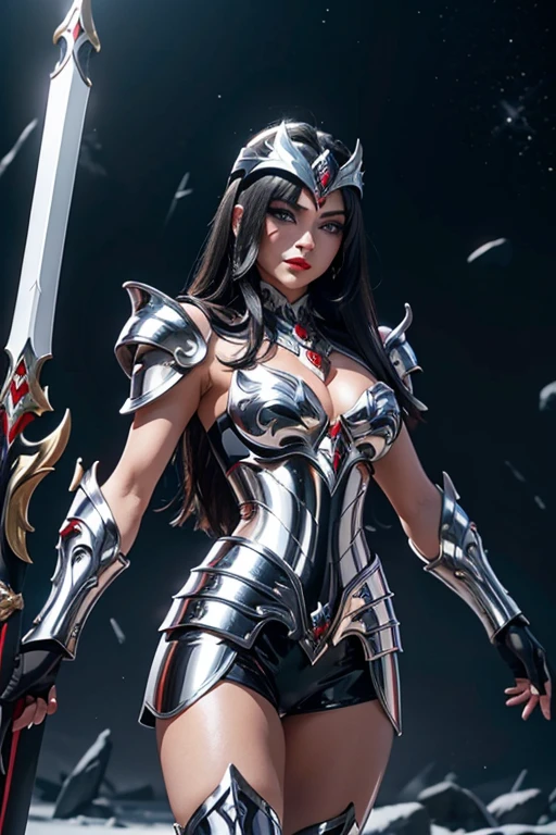 here is an adult European woman in a Penguin Armor , Saint Seiya , Penguin Black and White Armor, Dark hair, red lips, Eye shadow, natural makeup, long curved hair, beautiful chest, Beautiful screenshot, attractive woman, high quality, highly detailed skin, dynamic pose