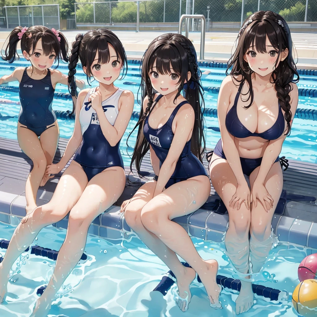 highest quality、High resolution、detailed background、masterpiece、cute10  old beautiful girl、(5 women)、navy blue school swimsuit、brown hair、black hair、braided ponytail、Each has a cute braided hairstyle、(huge breasts:1.1)、realistic images、perfect body line、thick thighs、Show the whole body、detailed face、emphasize the chest、
(Five beautiful girls wearing school swimsuits are having fun playing around in the school pool.:1.5)、
playfully splashing water on each other、happy look、smiling、open your mouth and laugh、smile、sexual expression、Swimsuit that shines when wet、The whole body is wet、my hair is wet too、cute