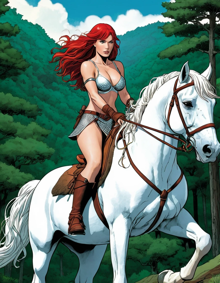 red sonja, riding on top of a white horse, forest in the background, Manga