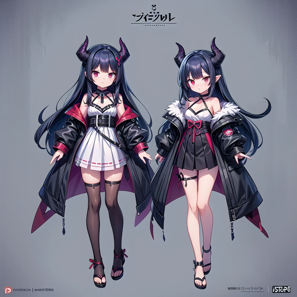two anime characters with red eyes and black hair, detailed character design, full body, anime character design, [character design], extremely detailed full body concept, best anime character design, cute fluffy female anime style, demonic anime girl, adaptable personality, full body anime illustration, full body female anime art