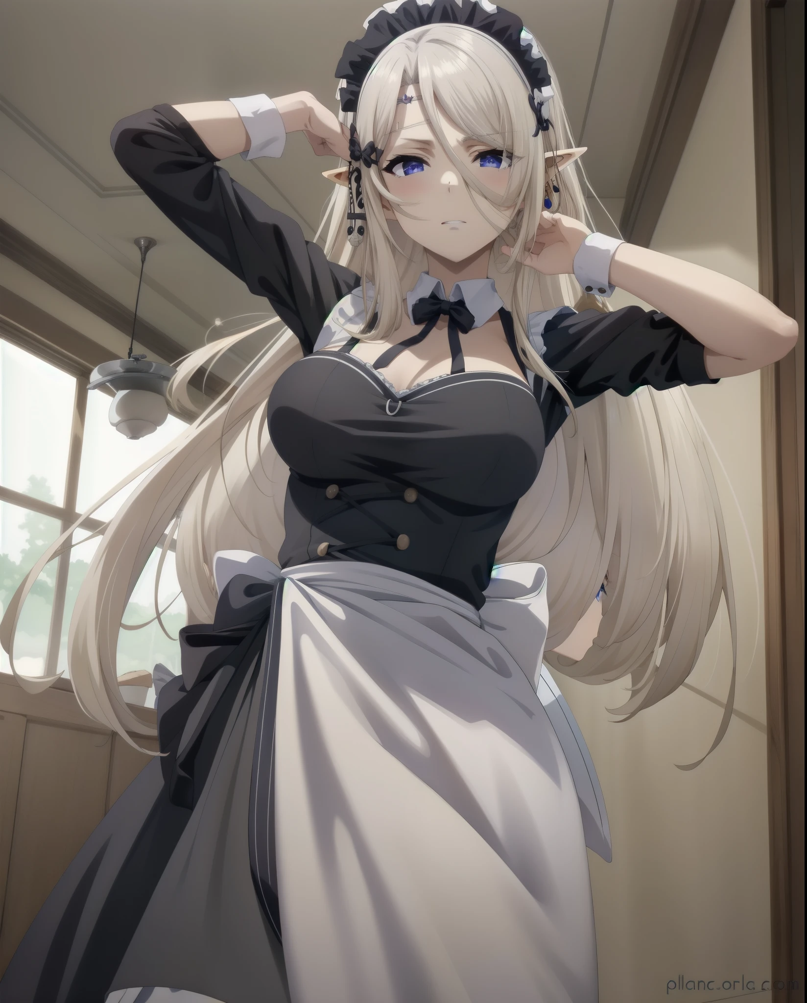 best quality, from below, log angle, intenseglare, disgust, shaded_face, shadow_over_eyes, glaring, looking down at the viewer, long platinum hair,blue eyes,pointy ears,elf,,masterpiece, highres, solo, (maid:1.40), (long maid dress:1.15), anime_style, 14
