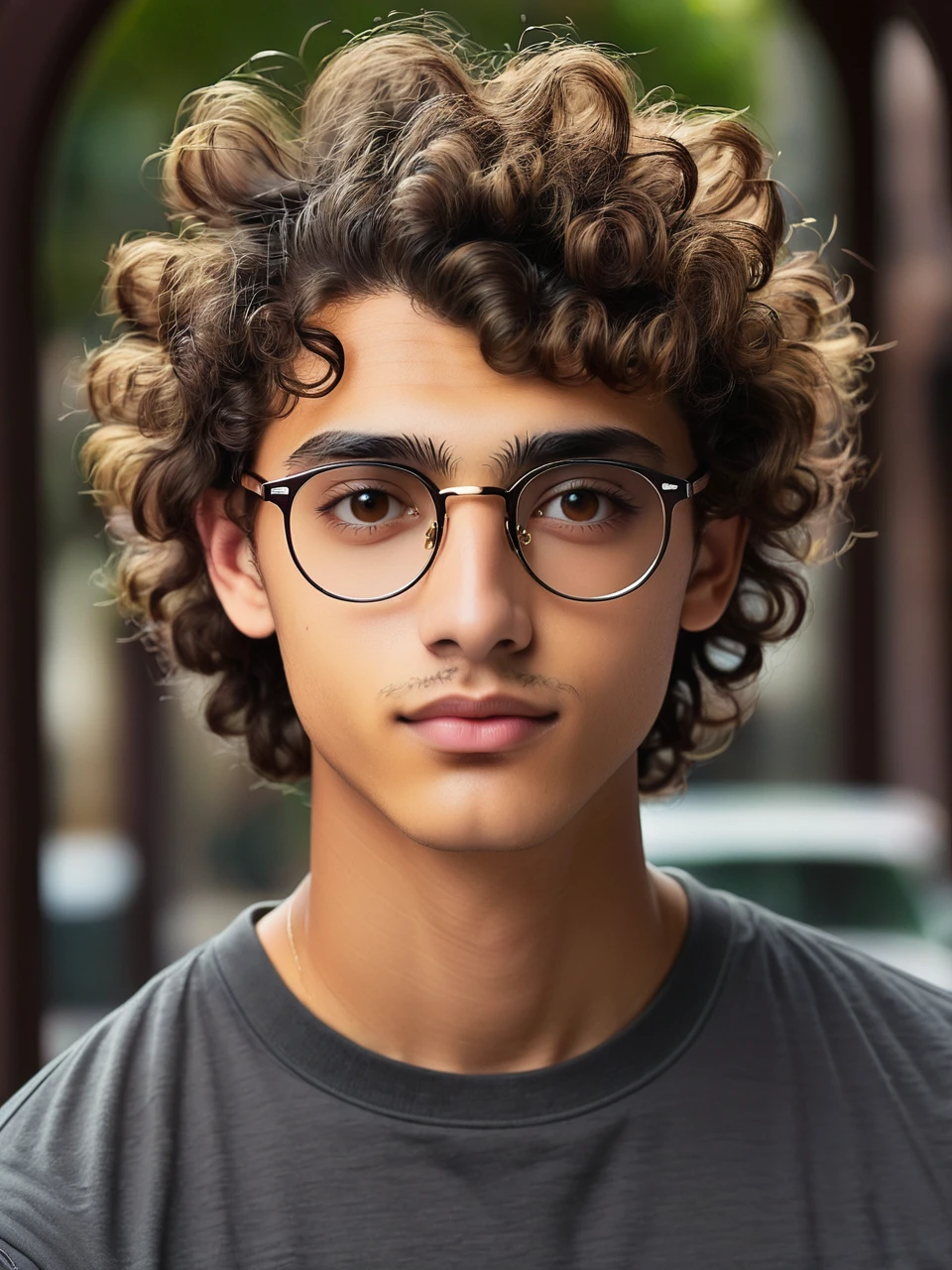 generate 19 year old man with curly hair brown eyes, wearing glasses oval head big eyes small nose medium eyebrow