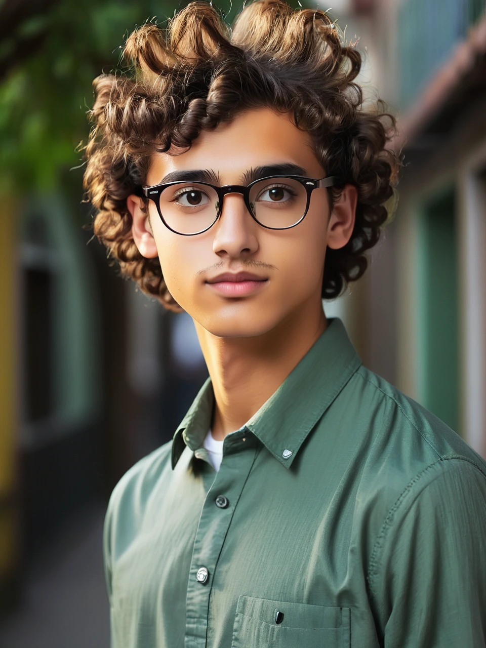 generate 19 year old man with curly hair brown eyes, wearing glasses oval head big eyes small nose medium eyebrow