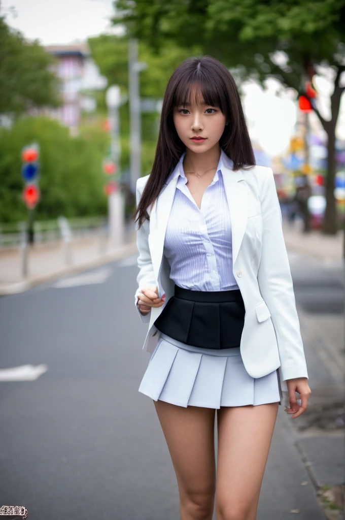 a 17 year old girl, she is the most beautiful actress in the world, the perfect body proportions of this girl, the blazer is tightly closed on her waist area of the formal shirt, her crotch area of the panties are hardly hidden by the short skirt, her bare legs, it's just the front of her body, it's just one description, the lower than her shins are out of space, she is standing straight at the street, nsfw, best quality, highly detailed, masterpiece, ultra high res, photo realistic, 8k, RAW photo