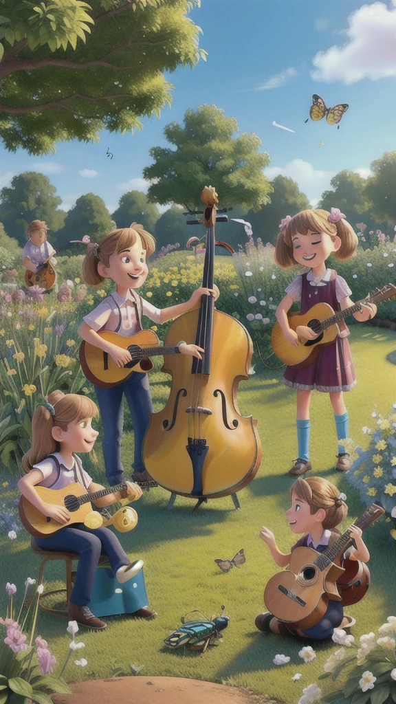 drawing of a group of insects playing music in a garden, Musical, illustration colorida, children\illustration, for'Ichi Hiratsuka, digitl art, art admirer, my interpretation, childrenillustration, by Martina Krupičková, illustration artística, by Amélia Peláez, painting big bees flying around, childrens illustration, withdrew, traditional art