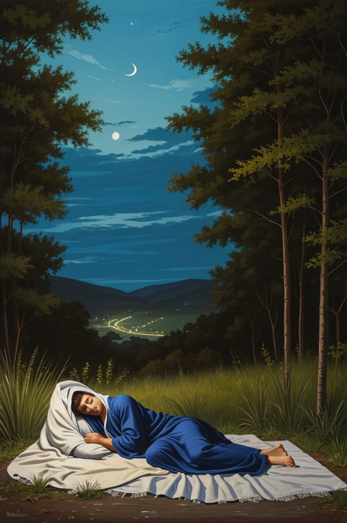 Young man sleeping outdoors, with a blanket over him, on the vegetation, to the side of the road, seen in the distance. night painting
