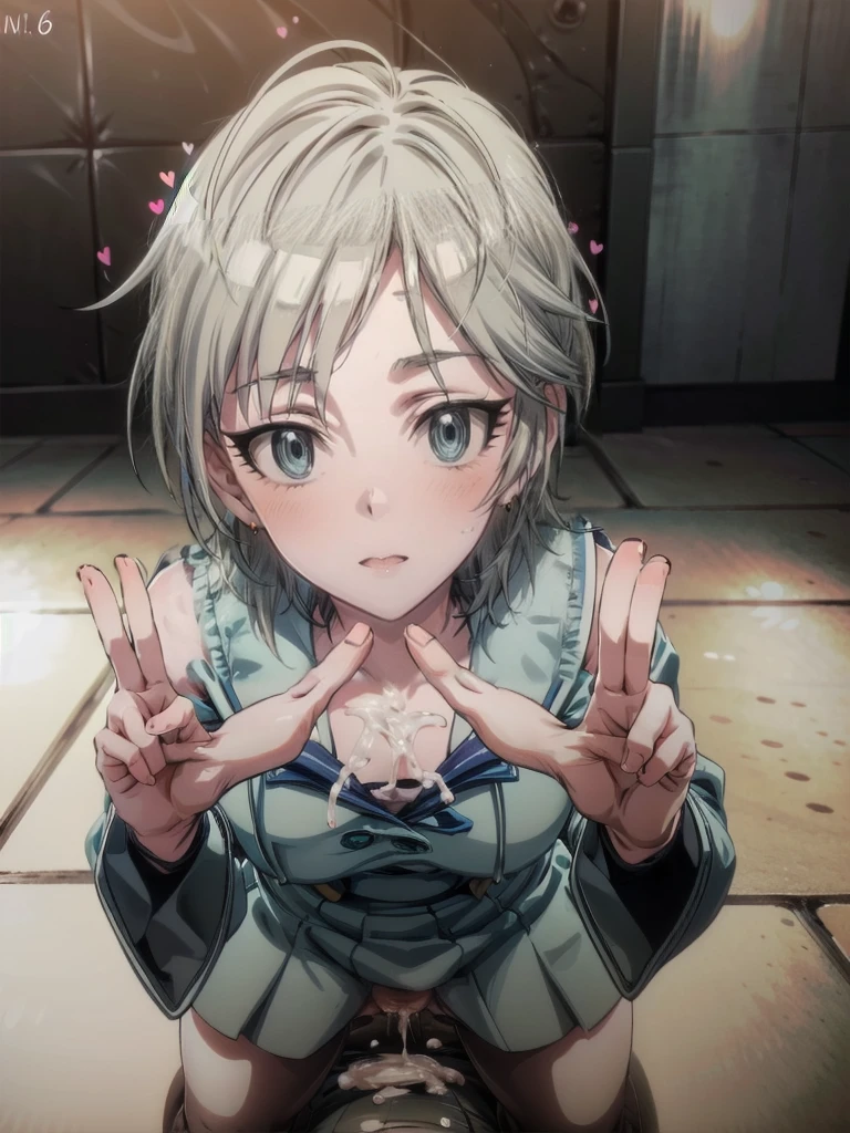 nsfw, 2D, 8k, highres, masterpiece, super fine illustration, photo background, insanely detailed, blurry background, depth of field, perfect fingers, nice hands, perfect hands,BREAK solo, solo, 1girl, (idol master),(anastasia),(****, an extremely beautiful girl, beautiful face, perfect face, cute symmetrical eyes, double eyelid,blue eyes,flat chest,midium breast,Slender figure, (silver hair), (extra short hair), (kneeling down on the ground),(japanese high school sailor uniform),(open clothes), ((pubic silver colour hair:1.5)),(Front view),((cum on body:1.9, cum on hair:1.9. cum on face:1.9, cum on mouths:1.3，cum on table 1.9)),multiple boys, peeing on a girl, facial, cum on mouth, cum on body, multiple penises, gangbang,holding penis))),ecstasy torogao, saliva trail, nose blush,smile),(spoken heart:1.5),(ecstasy:1.5), ecstasy:1.5),(one hand peace sign:1.5)),(class room),(filming:1.5),(happyFace:1.5),(sex,cowgirl),side view,