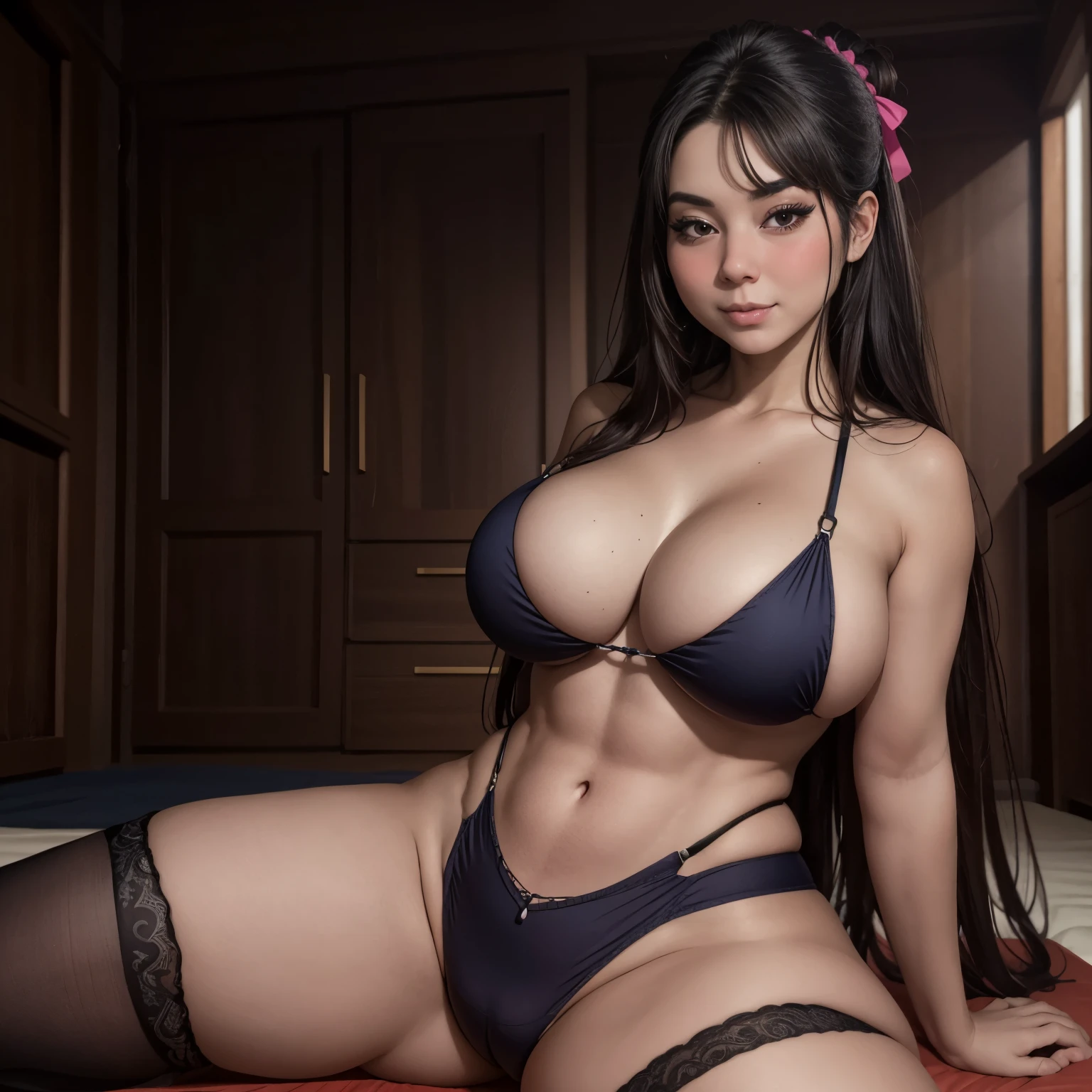 1girl, victoria lying on tatami, awesome first plain pussy, wild features, naughty girl, nylon stockings, perky breasts, toned body, thick thighs, large hips, dark hair, detailed eyes, spread legs, visible labia, flirtatious, looking at viewer, 4k