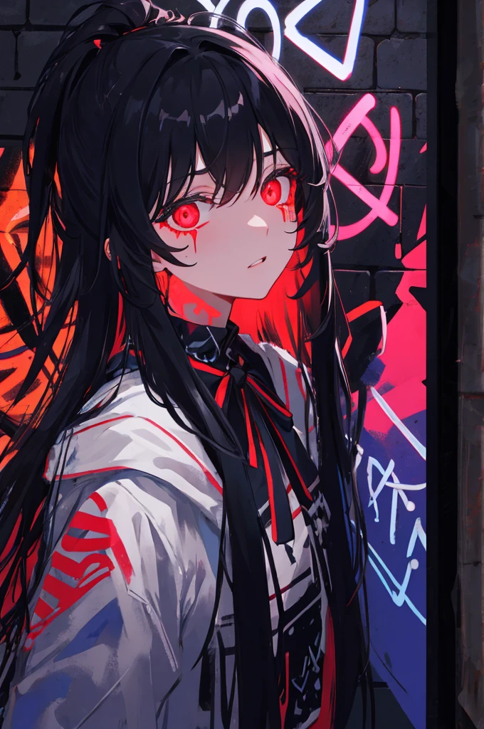 best quality, Intricate detailing, chromatic aberration, 

1 girl, Long hair, black hair, tousled hair, Rote Highlights, Hair over one eye, red eye, good eyes, 

neck ribbon, neon shirt, torn legwear, open jacket, 

against the wall, brick wall, Graffiti, Glowing grafiti, Glowing tattoos, Glow, neon lights, 


Blacklight, simple background