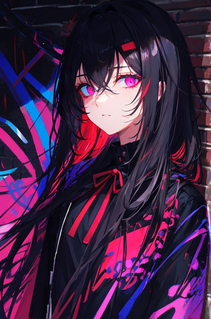 best quality, Intricate detailing, chromatic aberration,
1 girl, Long hair, black hair, tousled hair, Rote Highlights, Hair over one eye, red eye, good eyes,
neck ribbon, neon shirt, torn legwear, open jacket,
against the wall, brick wall, Graffiti, Glowing grafiti, Glowing tattoos, Glow, neon lights,
Blacklight, simple background