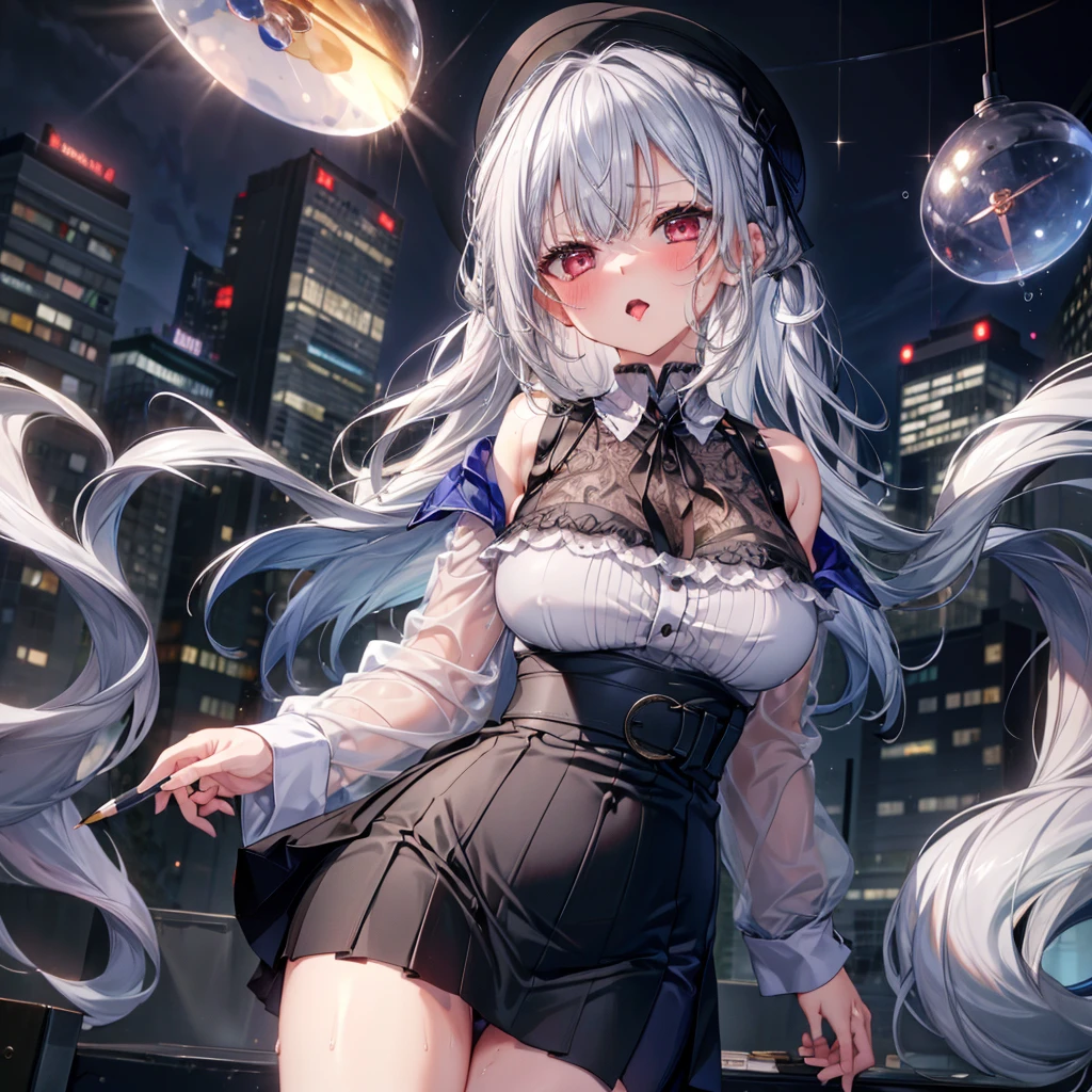 ((Highest quality)), ((masterpiece)), ((detailed)), (4K), nsfw, 1girl, 独奏, silver hair, office lady, pencil skirt, Miniskirt, long tongue, large breasts, (spread legs), (looking up), (from below), looking at viewer, (sweat), blush, angry, aroused, (orgasm), cameltoe, long tongue, office, midnight sky