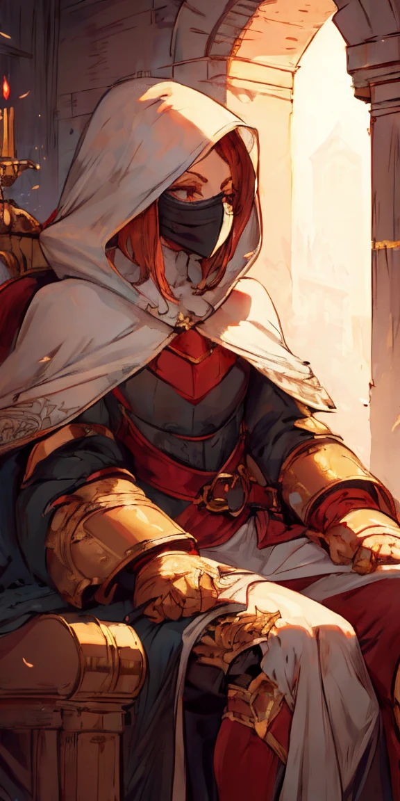 (masterpiece, best quality, absurdness, 4k, aesthetic, detailed, intricate, perfect lighting) cinematic angle, 1sologirl, sitting on throne, elbow rest, castle interior, mask, hood, cape, belt, armor, cloak, red gloves gauntlets, bkcrown