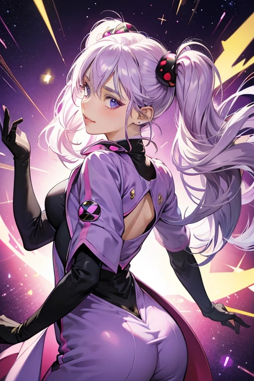 When kamikotized, She wears a purple superhero jumpsuit covered in stars. Ubiquity wore a purple mask and her hair is styled with two long twin tails with white hair ties protruding outwards, resembling a ladybug's antennas or a ladybug flying when she's moving. She has a clear purple cape attached to her arms and back. She also has light pink-purple earrings. SPARKLE; GLITTER