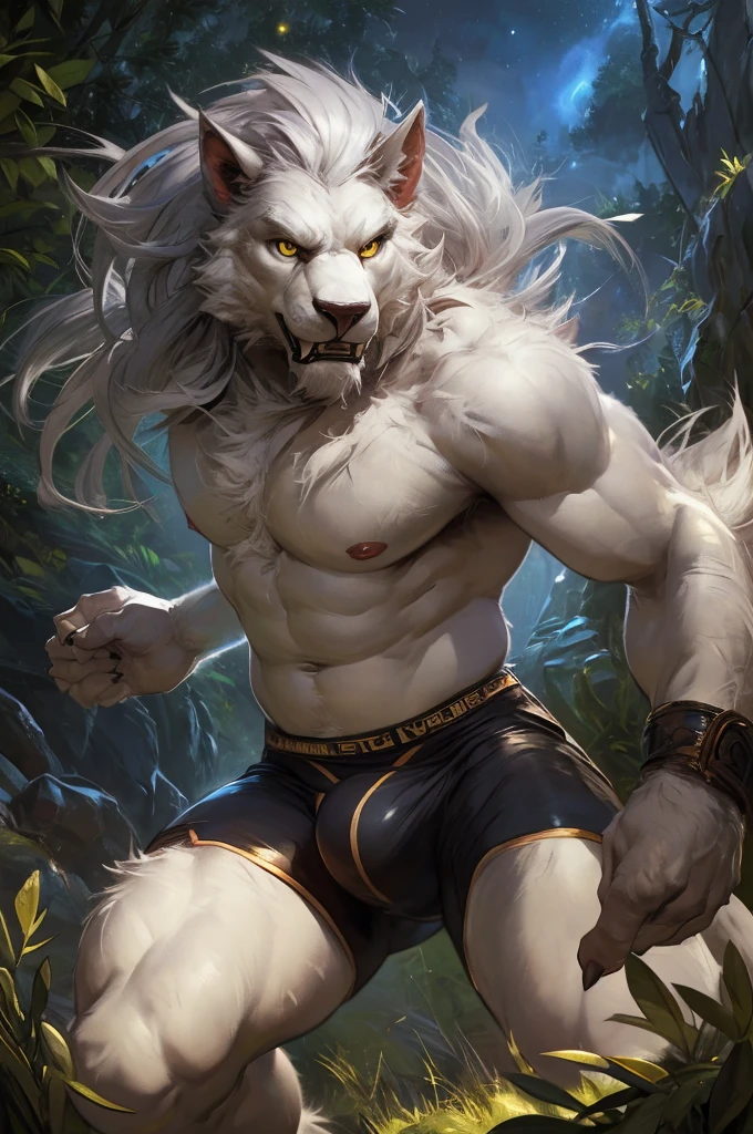 ultra-detailed, masterpiece, masterwork, high quality, best quality, hdr, (nature, night), posted on e621, (by darkgem), nsfw, male, solo, (white little body werewolf), canine, (long silver hair, yellow eyes, white body, roar), stylish pose, dynamic angle, bulge underpants