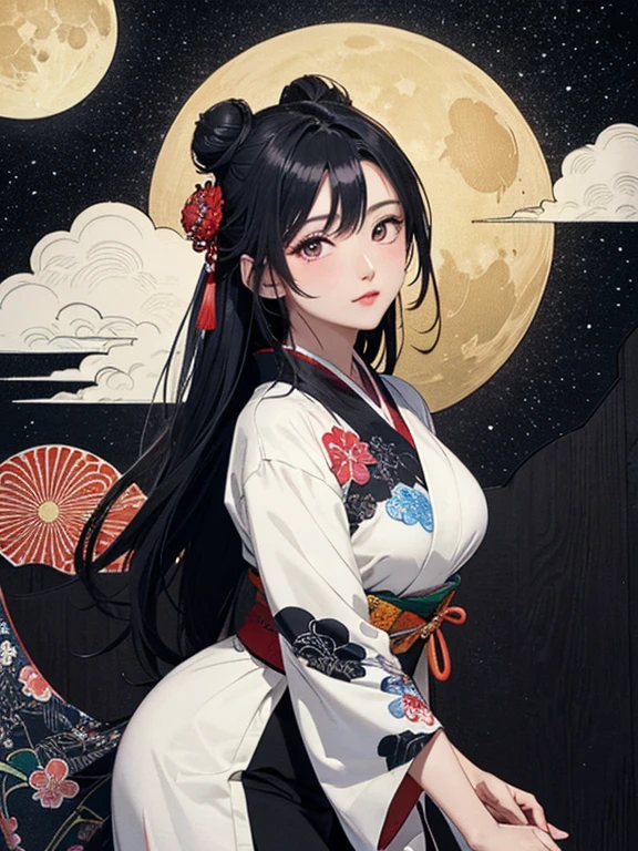 (masterpiece, Highest quality,High resolution, Official Art), (One girl), (Fractal Art:1.1),Bright and vivid color patterns in Japanese clothing、Black hair in a round bun,Traditional Japanese patterned fabric, (Dynamic pose),(Shiny skin), (Many colors:1.4), ( Ukiyo-e background,moon,flower,cloud )