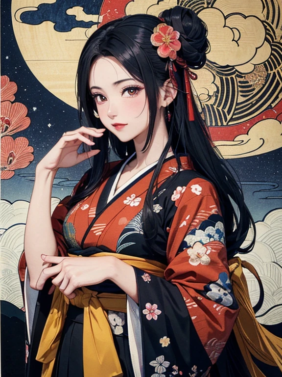 (masterpiece, Highest quality,High resolution, Official Art), (One girl), (Fractal Art:1.1),Bright and vivid color patterns in Japanese clothing、Black hair in a round bun,Traditional Japanese patterned fabric, (Dynamic pose),(Shiny skin), (Many colors:1.4), ( Ukiyo-e background,moon,flower,cloud )