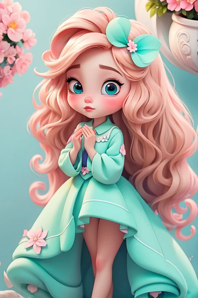 imagem de alta qualidade de uma boneca chibi Talor Swift: boneca chibi ,illustration,detalhes delicados,Pose encantadora,lovely expression,cores suaves,roupa bonita,cabelos intrincados,beautiful eyes and lips,melhor qualidade,ultra-detalhado,fotorrealista,vivid colors, solid background, profesional lighting, girly accessories, espressiva, headband flowers, blue eyes, ombre hair, long hair, basket of flowers in hands, lovely pose, black eyes, wearing a fairy outfit pastel colors glitter, mint green, pink, and soft purple, exuberant, perfect, centered in the photo with a white background, nitid, fairy vibes, standing, pink flat shoes, vibrant, white background, blonde hair, blonde hair, hair blonde