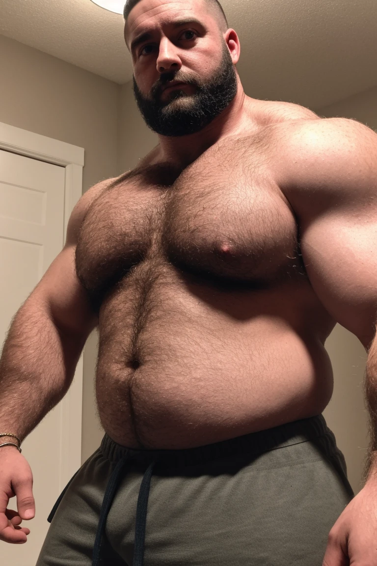 8K HDR Very Extremely Realistic Very Detailed High Quality 8K HDR Very Realistic 46 year old daddy rugged bodybuilder muscle bears man, 8KHDR very realistic detailed hairy, 8KHDR very realistic beared big daddy muscle bear,  and 8KHDR very realistic detailed rugged burly man in shorts. 8KHDR Very Realistic legs, 8KHDR very realistic hair, 8KHDR very realistic beards, 8KHDR very realistic thick chubby fat neck, 8KHDR very realistic neck lines, 8KHDR very realistic detailed neck, 8KHDR very realistic belly, 8KHDR very realistic burly chest, 8KHDR very realistic detailed hairy burly strong chest and arms, 8KHDR very realistic detailed hairy burly strong chest and arms, 8KHDR very realistic pecs, 8KHDR very realistic burly muscle bear body, 8KHDR very realistic nipples, 8KHDR very realistic burly muscle bear body, 8KHDR very realistic face, 8KHDR very realistic detailed face, 8KHDR very realistic eyes, 8KHDR very realistic detailed eyes, 8KHDR very realistic pupils, 8KHDR very realistic detailed pupils, 8KHDR very realistic head, 8KHDR very realistic waist, 8KHDR very realistic facial features, 8KHDR very realistic burly arms, 8KHDR very realistic elbows, 8KHDR very realistic hands, 8KHDR very realistic pecs, 8KHDR very realistic belly, 8KHDR very realistic human man body, 8K HDR very realistic bellybutton, 8KHDR very realistic wrists, 8KHDR very realistic fingers, 8KHDR very realistic fingernails, 8KHDR very realistic shoulders, 8KHDR very realistic mouth, 8KHDR very realistic lips, 8KHDR very realistic mens clothing, 8KHDR very realistic detailed mens clothing. 8KHDR Very Realistic Hairy Bearded Burly Muscle bear Photoshoot,  8KHDR Very Realistic Ultra-detailed, 8KHDR very realistic detailed bedroom surroundings, 8KHDR very realistic surroundings lighting, No Deformities, captured with a 85mm lens, ( best quality, highres, realistic:1.37), Super real detailed skin, Ultra-detailed, Photorealistic 1.4, hyper photorealism
