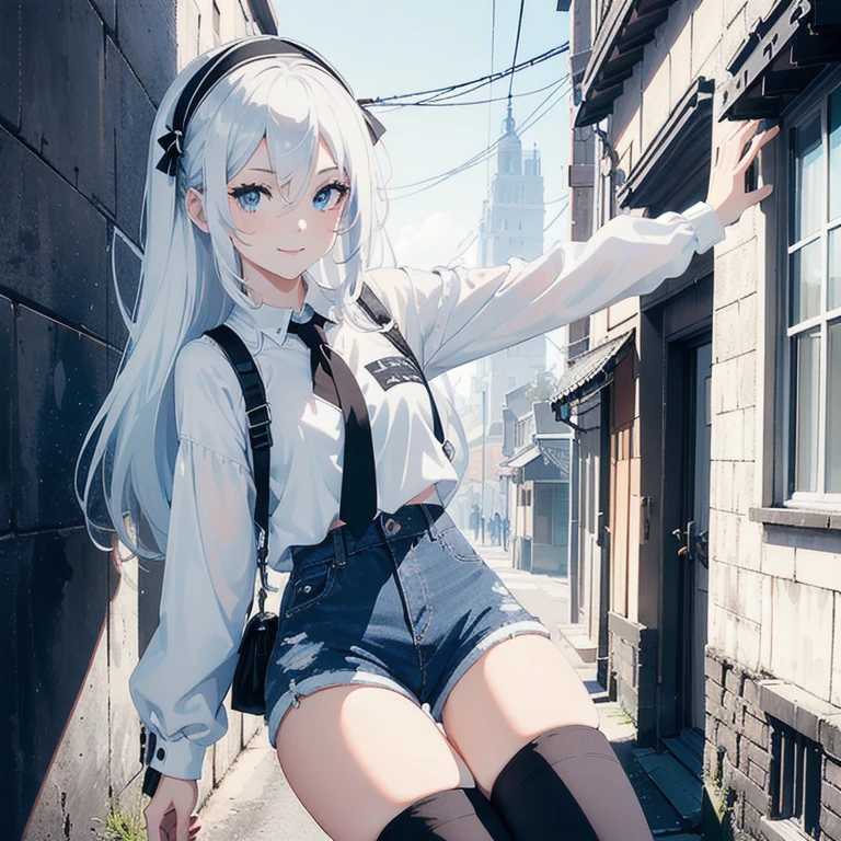 (1 girl), (Masterpiece, Best quality, ultra high resolution), Silver hair, Pale skin, Beautiful detailed face, Detailed eyes, posing on a, On a white background, Dynamic lighting, dynamic shadowing, looking at viewer, White stone punk fashion, (Posing for a photo), ((White clothes with blue details)), (((black thigh highs))), ((jean shorts, skirt)), white sweater, ((Blue eyes)), happy, smiling, black straps, black strap design, ((Long white hair)), energetic, cheerful, cityscape background, blue highlights, blue tertiary color