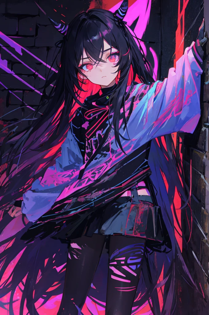 best quality, Intricate detailing, chromatic aberration, 1 girl, Long hair, black hair, tousled hair, Rote Highlights, Hair over one eye, red eye, good eyes, neck ribbon, neon shirt, torn legwear, open jacket, against the wall, brick wall, Graffiti, Glowing grafiti, Glowing tattoos, Glow, neon lights, Blacklight, simple background, full body