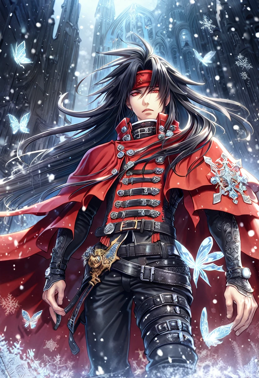 absurdres, highres, ultra detailed, HDR, master piece, best quality, extremely detailed, Vincent Valentine, black long hair, red headband, expressive red eyes, Final Fantasy, solo, sexy man, handsome, black leather clothes, red cape, magical, fantasy, snowflakes, ice butterflies, ice, snowing