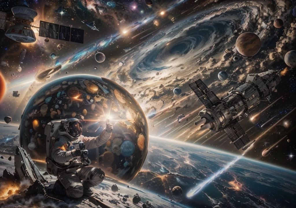 The background is a spectacularly large interstellar galaxy with planets orbiting it. The image includes elements such as spaceships, rocket ships and other celestial bodies. An astronaut photographs colorful galaxies and comets surrounded by space debris, like sat_FACEyalismart style, in vibrant colors. This scene creates a dynamic atmosphere that captures the excitement and wonder of exploring the outer universe. It vividly depicts the astronaut's journey through the cosmic landscape.