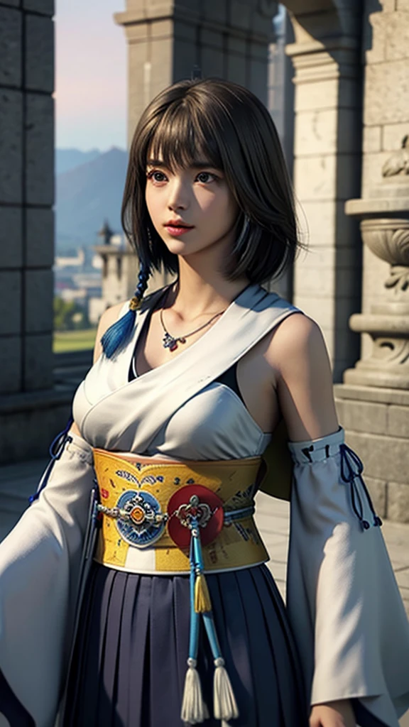 One girl, alone, jewelry, Removable sleeves, necklace, Blue beaded earrings, Hakama Skirt Yuna FFX,
Ultra-high resolution, photograph, photographrealistic, Very detailed, Detailed face, alone cute woman, Castle balcony,
Medium chest, (masterpiece, high quality),View your viewers, Gorgeous Goddess, Bobcut, Shiny skin,
Charm, Fascinating, dream-like, Royal Mantle, ((Thick bangs)),