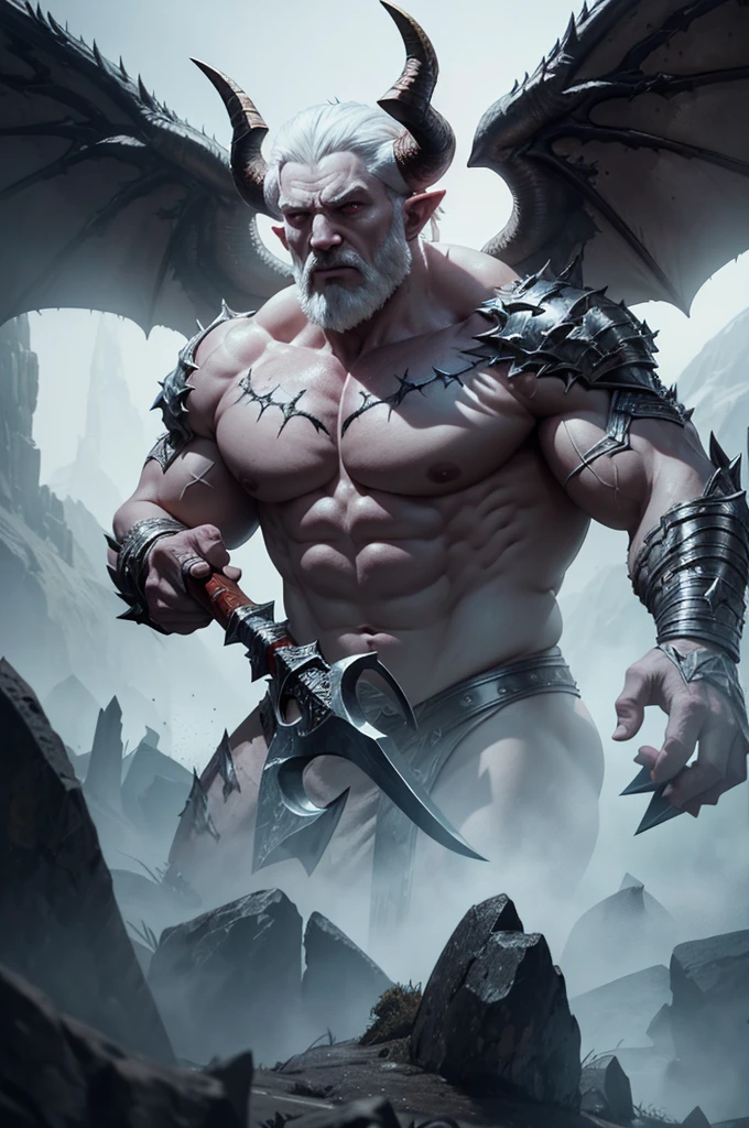 a pale white angry male demon monster with big horns, wings and a great axe, rock skin, hyperdetailed, highly detailed, hyper realistic, octane render, 8k, photorealistic, 3d render, unreal engine, cinematic lighting, dark fantasy, chiarascuro lighting, dramatic shadows, detailed facial features, sharp focus, ultra detailed