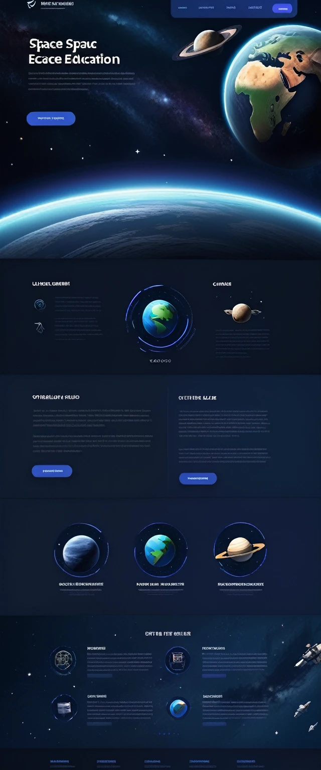 Sleek website UI for space education, ultrawide screen format. Deep space background, rich navy (#0A0E17) to black gradient, subtle star field. Minimalist header with glowing teal (#4ECDC4) navigation icons. Center: large 3D render of a realistic Earth-like exoplanet, 50% illuminated, floating and slowly rotating. Surrounding: 4 translucent glass panels for course categories, each with a unique space icon (telescope, rocket, galaxy, astronaut) in neon orange (#FF6B6B). Lower third: horizontally scrolling course cards with space imagery thumbnails. Futuristic sans-serif typography in white. Faint blue particle effects simulating cosmic dust. Clean, high-contrast design, 32K resolution, cinematic lighting, hyper-realistic 3D rendering style.