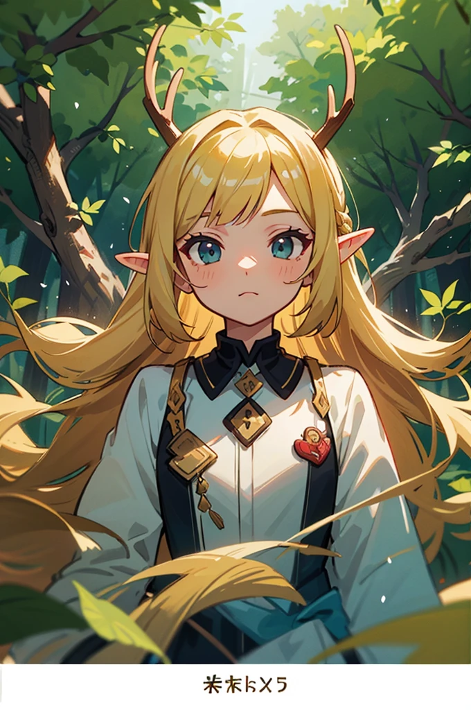 （tmasterpiece，best qualtiy）， 1girll， Complicated details， blond hairbl， leafs， wavey hair， looks into camera， the elf， The upper part of the body， ln the forest， frilld， thin fog， deer antlers，wonderland
