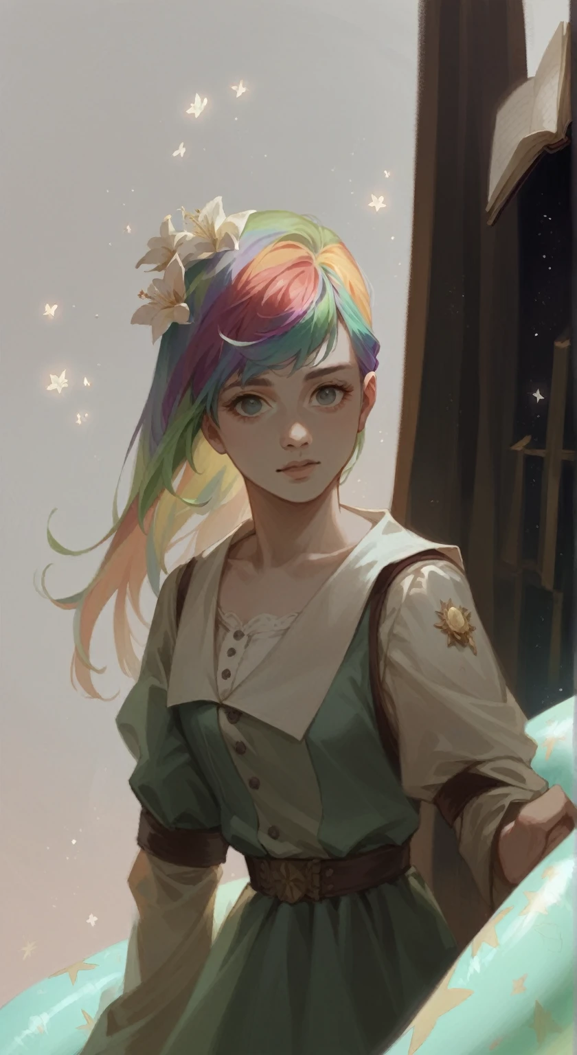 (best quality, Masterpiece), 1 girl, read a book, particle, wind, flower, upper body, simple background, look at viewer, rainbow hair, Short teal floaty dress, universe, nebula, galaxy